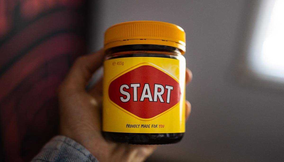 Vegemite jar with label renamed as 'Start'